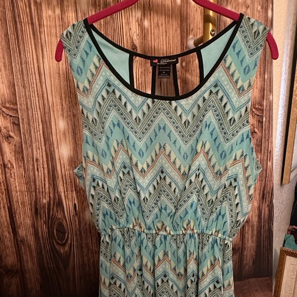 Delirious Aqua and Tan Geometric High Low Dress